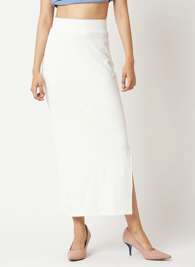 جلو باص Globus Women Off White Self Design Straight Stretchable Maxi Pencil Skirt